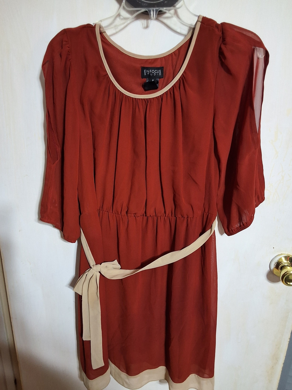 Enfocus Studio Rust Brown Chiffon Dress with Cream Trim and Tie